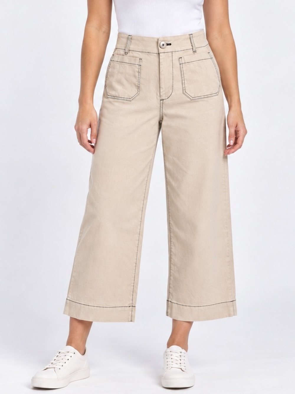 Maeve The Colette Contrast Stitch Linen Crop Wide Leg Pants Beige Size 25